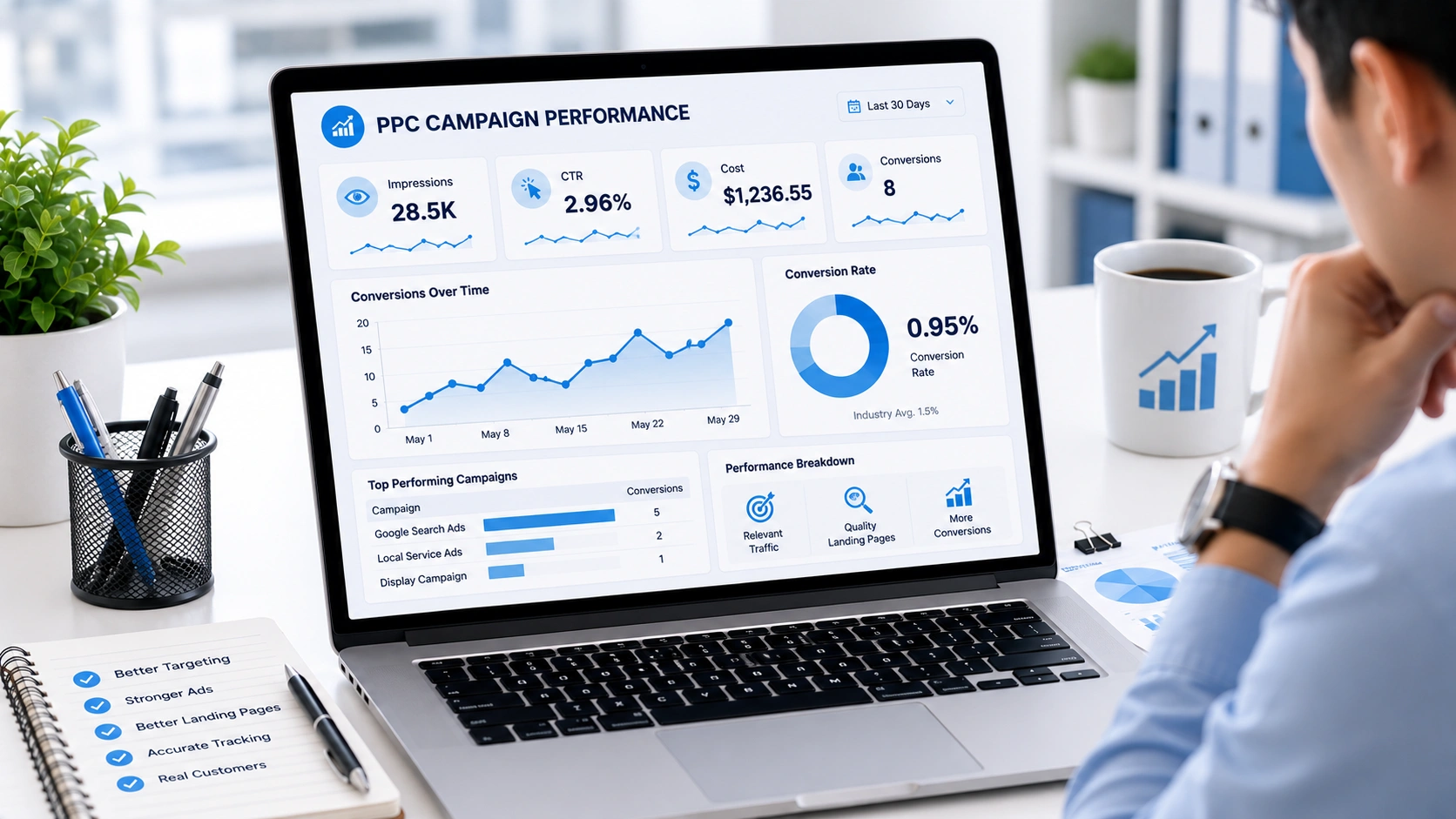 Pay per click ads specialist doing a campaign performance analysis