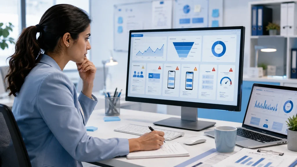 Woman reviewing pay per click advertising campaigns