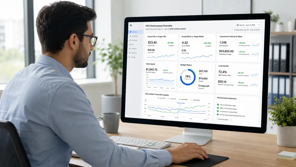 PPC ads services specialist monitoring CPA, ROAS, budget status, and lead quality after Google’s bidding update.