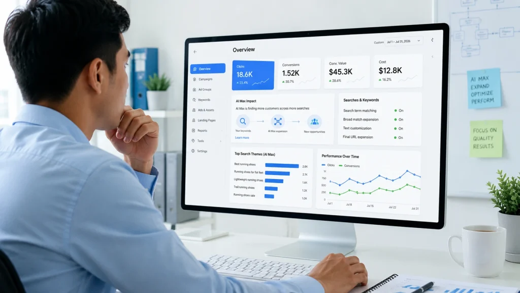 PPC management services professional reviewing Google AI Max campaign performance.