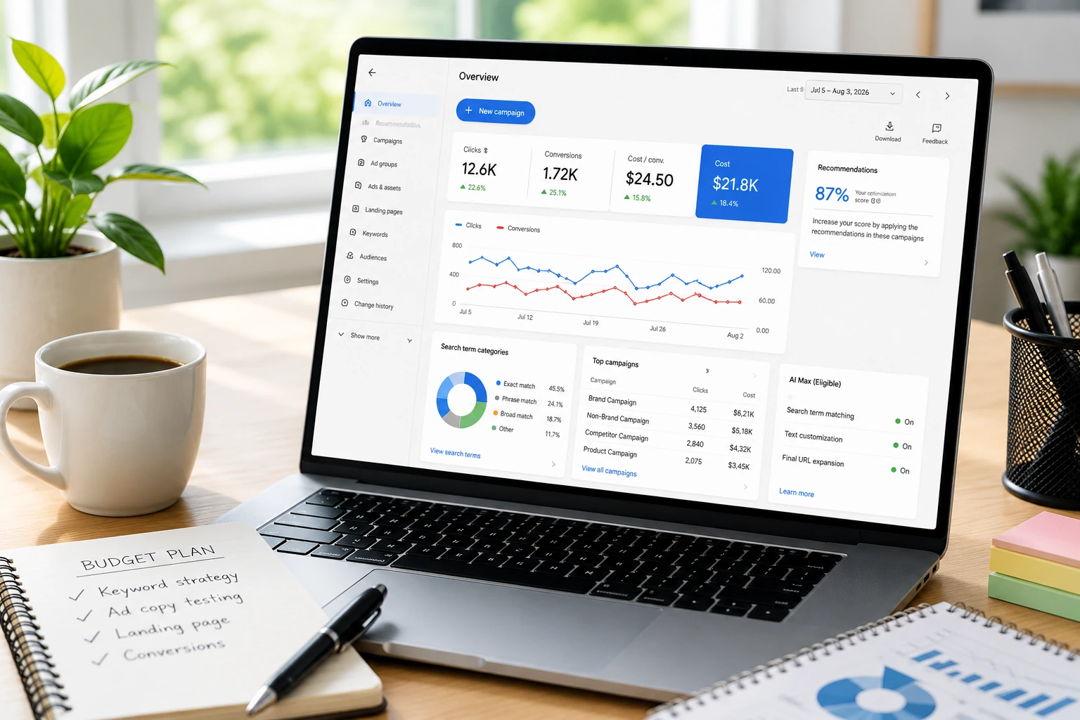 PPC management services dashboard showing Google AI Max campaign automation.