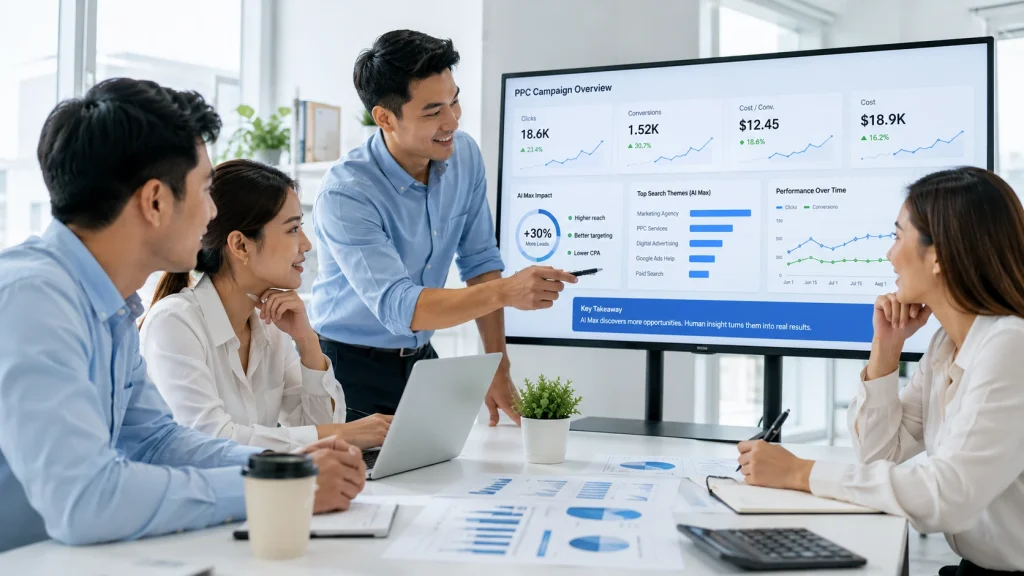 PPC management services team reviewing AI-driven campaign performance and lead quality.