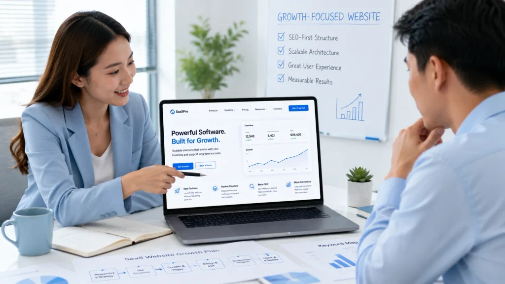 SaaS web design team planning a scalable website structure that connects SEO, user experience, and long-term business growth