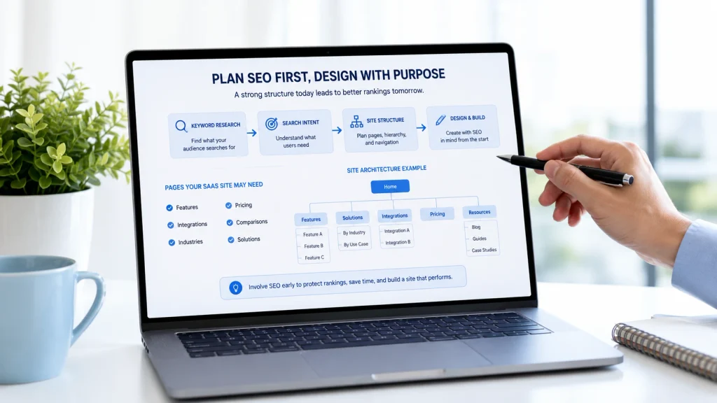 SaaS web design planning SEO structure, keywords, navigation, and site hierarchy before the final website design.