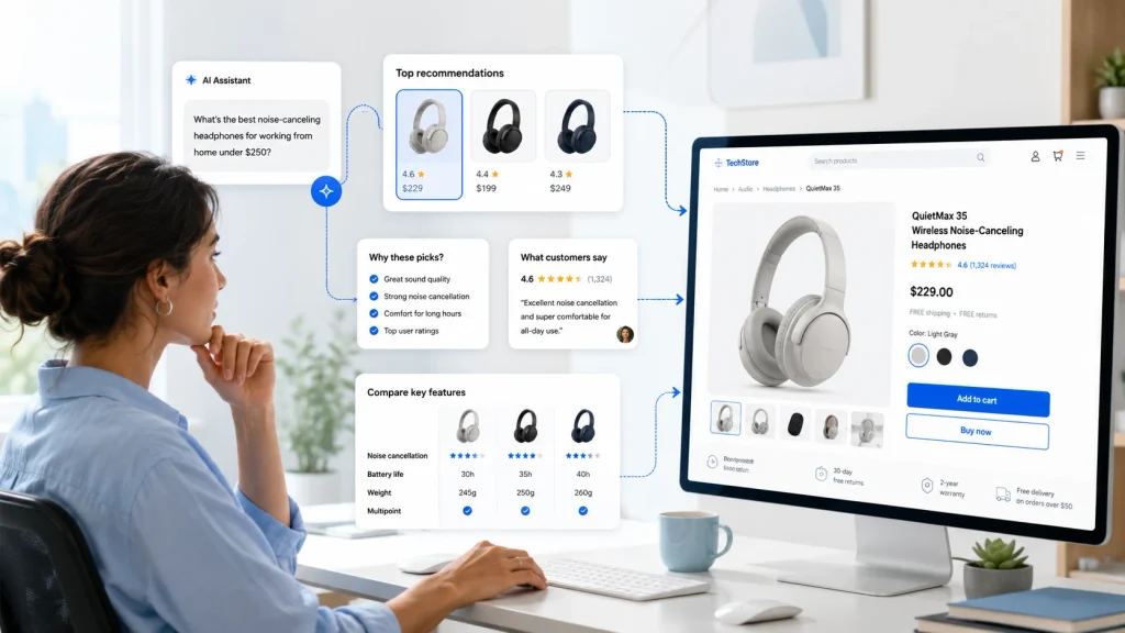 Shopify e-commerce shopper using AI search to compare products, reviews, and recommendations before visiting an online store.