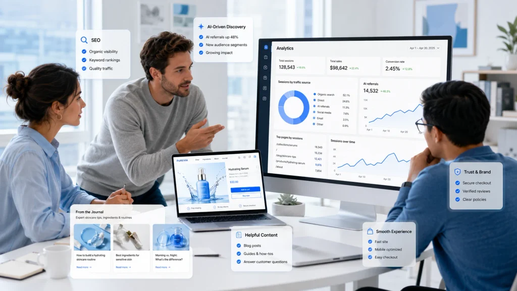 **Alt text:** Team reviewing Shopify SEO performance, branding techniques and marketing strategies, helpful content, and AI-driven discovery on an e-commerce analytics dashboard.
