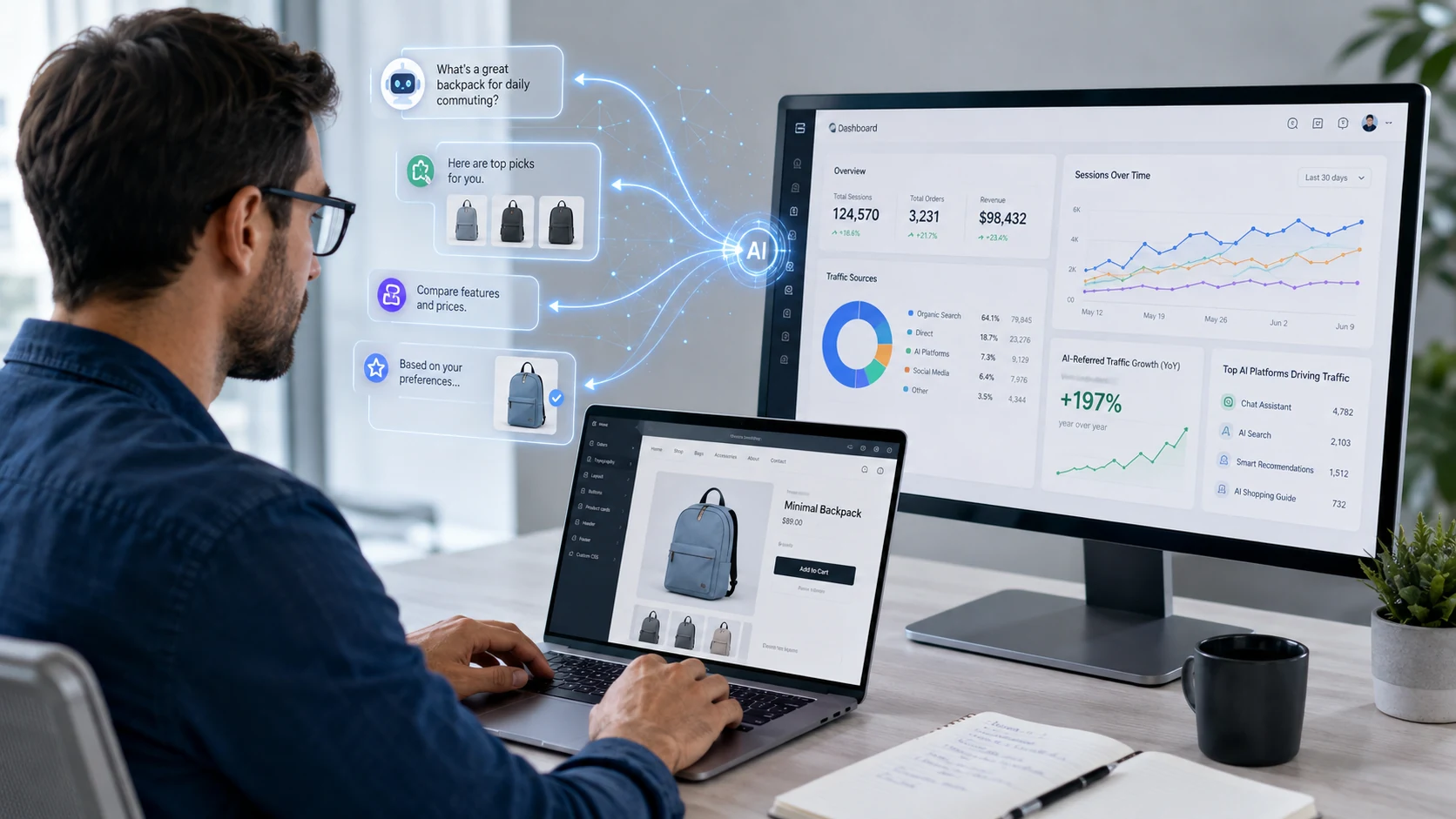 Shopify web development dashboard showing growing AI-referred traffic, ecommerce analytics, and AI product recommendations.