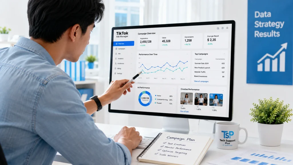 TikTok ads manager reviewing campaign performance, creatives, targeting, and budget data. 