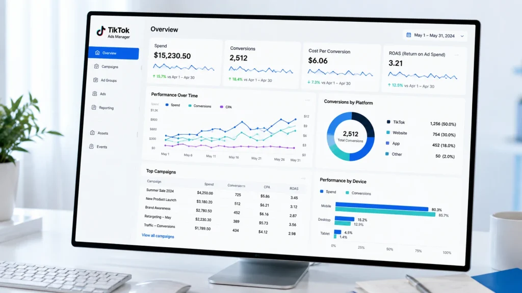 TikTok ads manager dashboard comparing campaign performance, conversions, ad spend, and ROAS.