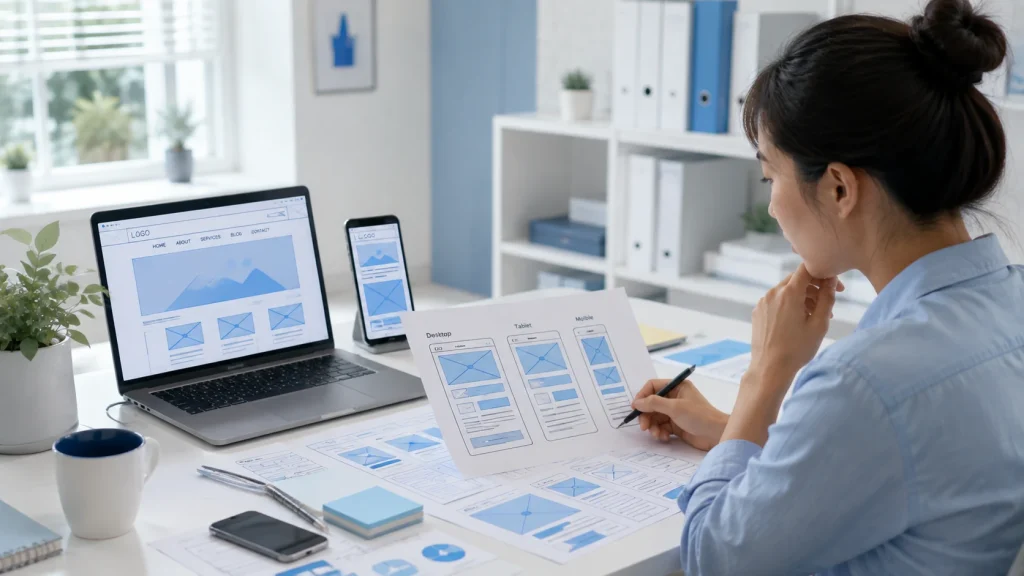 Web designing company planning responsive website layouts for desktop, tablet, and mobile.