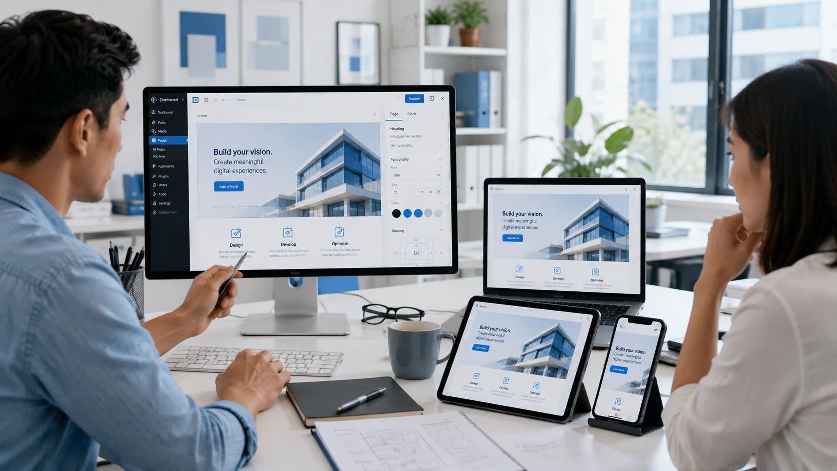 Web designing company reviewing responsive website designs across multiple devices